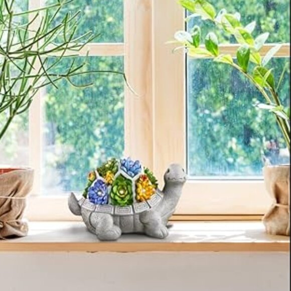 Solar Garden Outdoor Turtle Statue with Succulent 7 LED Lights Outdoor Decor - Picture 3 of 8